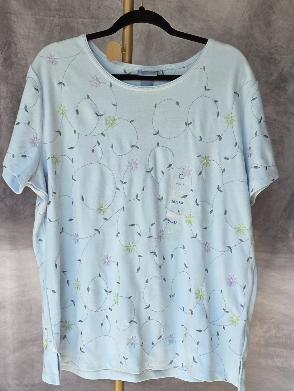 Classic Elements Woman Powder Blue Floral Embroidered Knit Top Sz 16-18 NWT